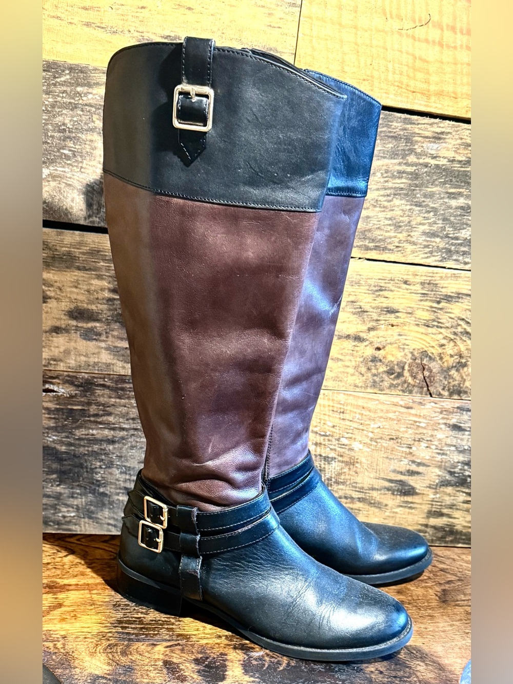 INC International Concepts Two-Tone Leather Riding Boots in Blk. & Brn. Lesther